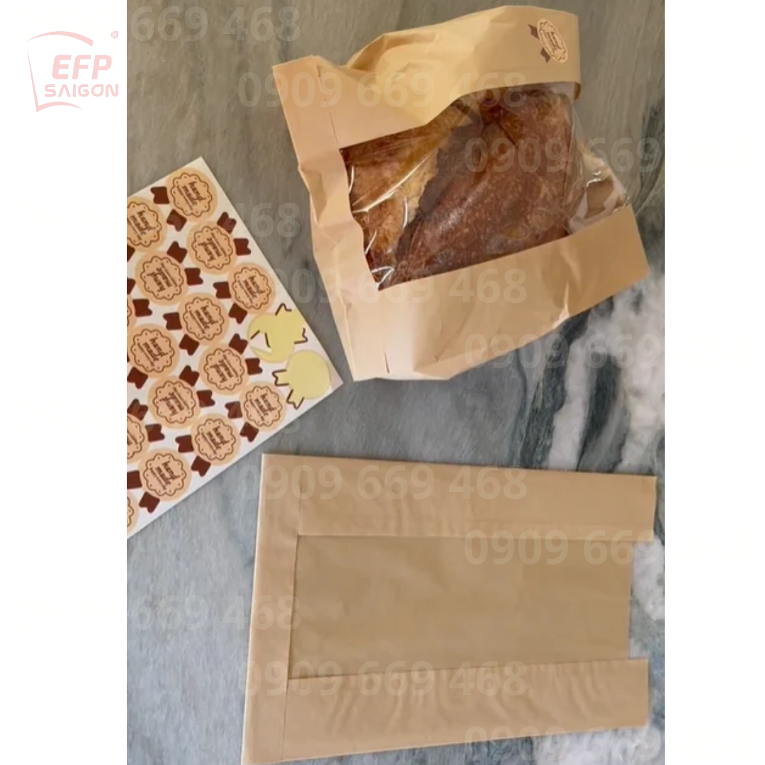 Túi Giấy Đựng Bánh Mì Ngọt Có Cửa Sổ PET – Kraft Nâu, In Logo Theo Yêu Cầu